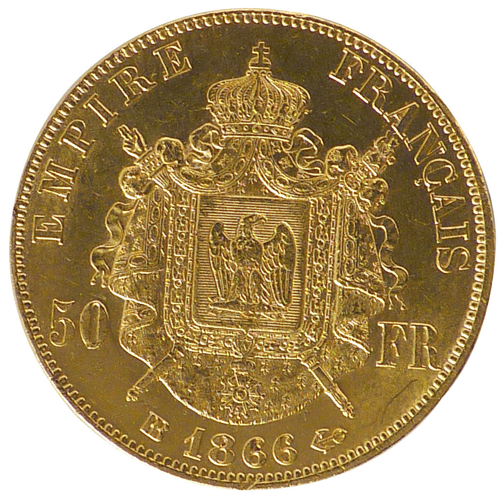 FRANCE, Napoléon III, 50 Francs, 1866, Strasbourg, KM #804.2, AU(55-58), Gold, G