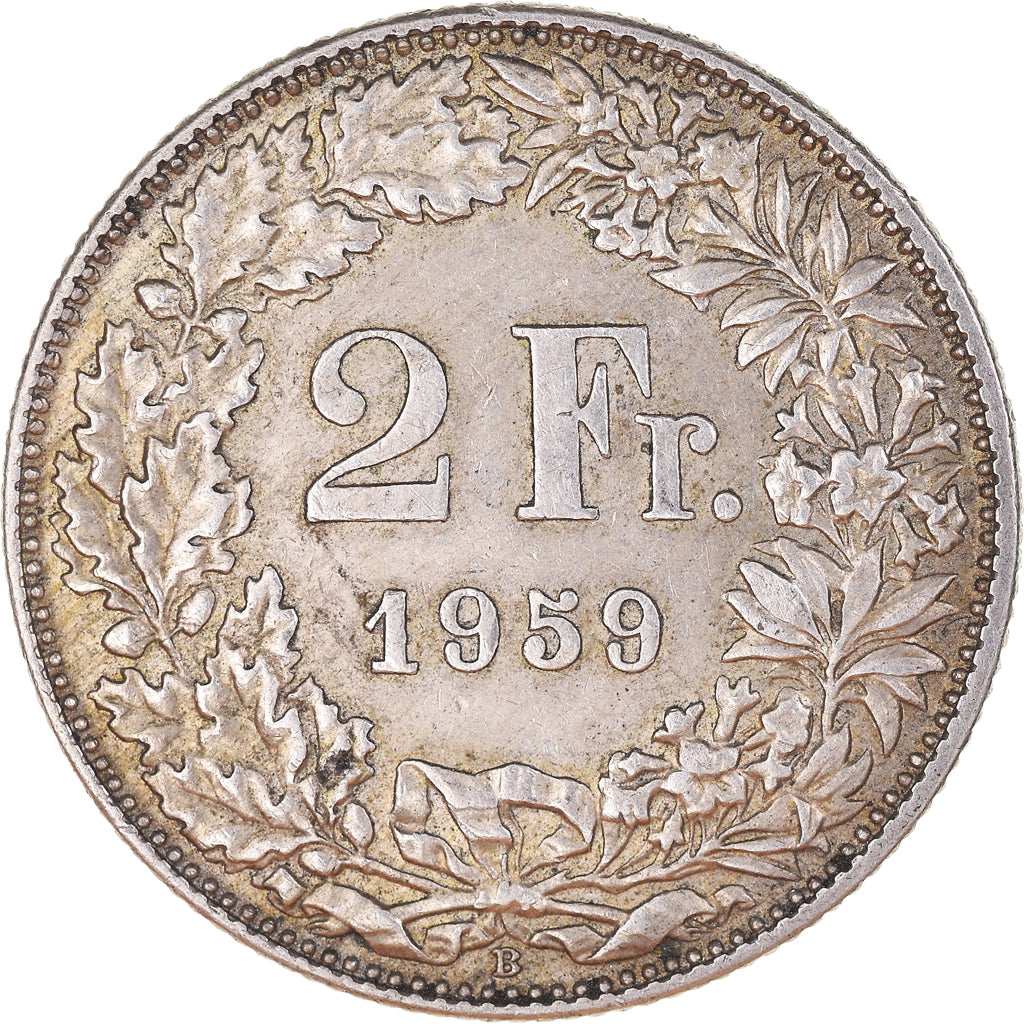 Coin, Switzerland, 2 Francs, 1959, Bern, AU(50-53), Silver, KM:21