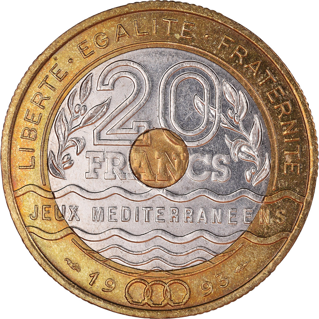 Münze, Frankreich, Jeux Méditerranéens, 20 Francs, 1993, VZ, Tri-Metallic