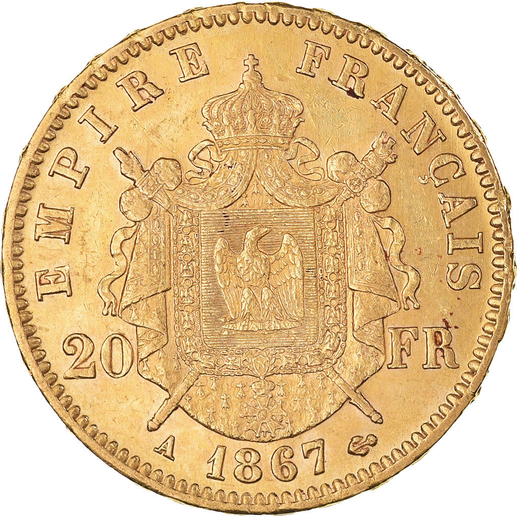 Coin, France, Napoléon III, 20 Francs, 1867, Paris, AU(50-53), Gold, KM:801.1