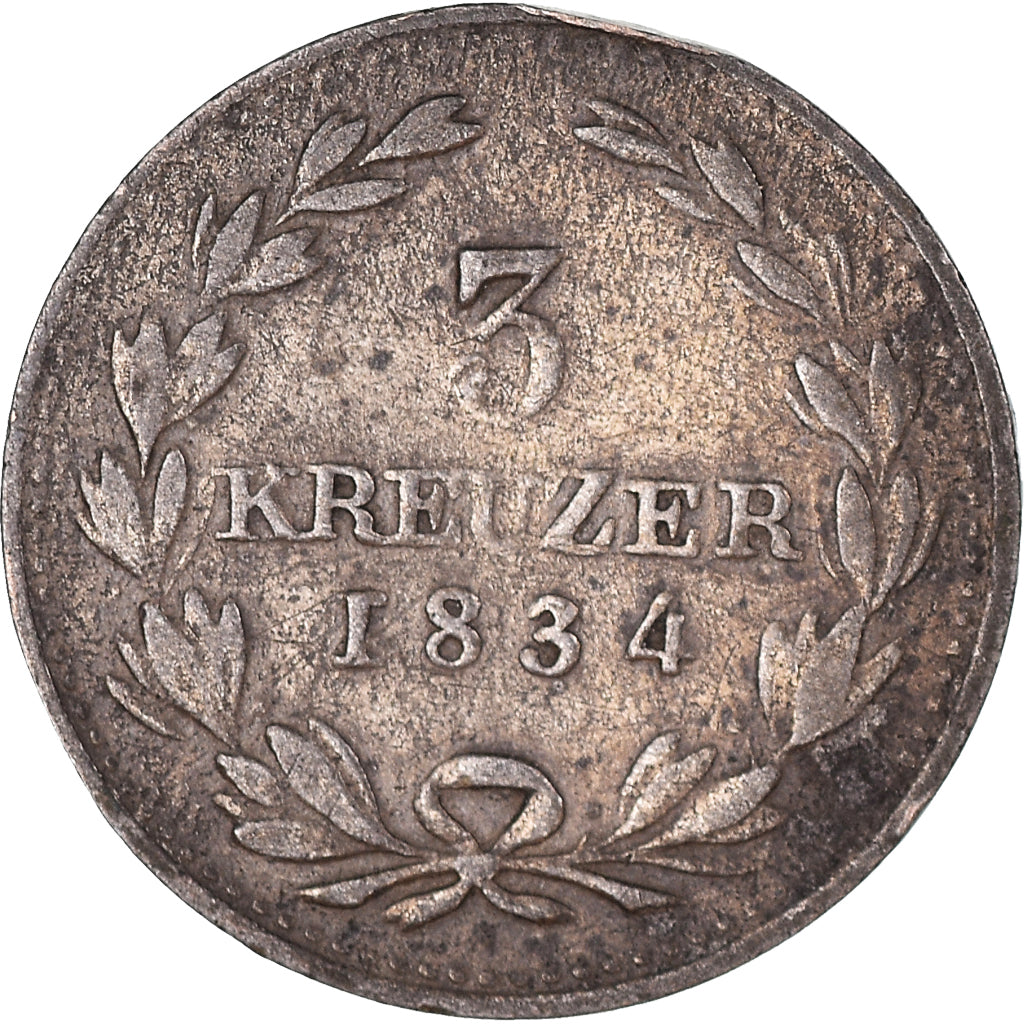Moneta, Stati tedeschi, BADEN, Ludwig I, 3 Kreuzer, 1834, Baden, MB+, Argento