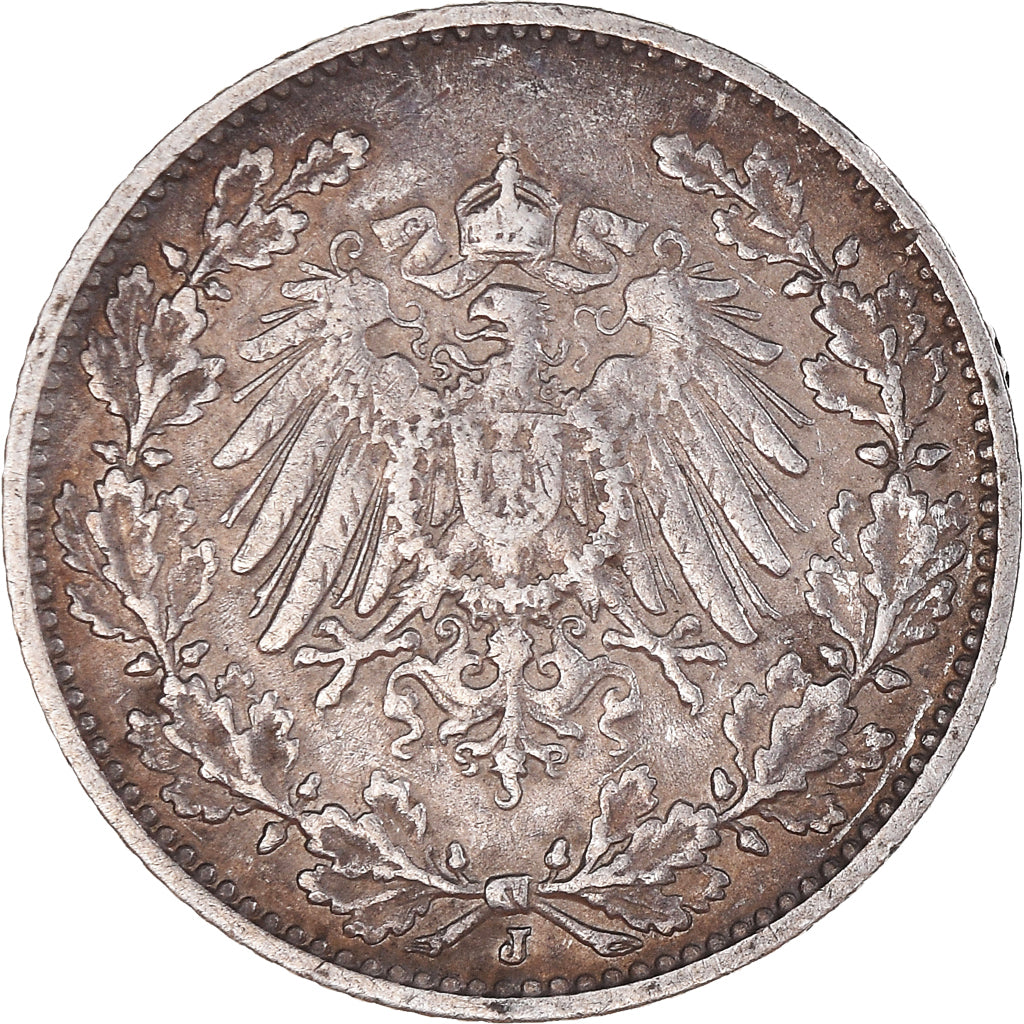 Coin, GERMANY - EMPIRE, 1/2 Mark, 1908, Hambourg, VF(30-35), Silver, KM:17