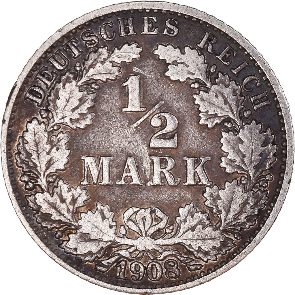 Coin, GERMANY - EMPIRE, 1/2 Mark, 1908, Hambourg, VF(30-35), Silver, KM:17