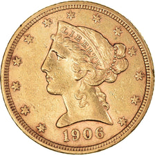 Moneta, USA, Coronet Head, 5 Dollars, 1906, San Francisco, EF(40-45), Złoto