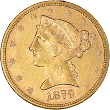 Moneda, Estados Unidos, Coronet Head, 5 Dollars, 1879, San Francisco, MBC, Oro