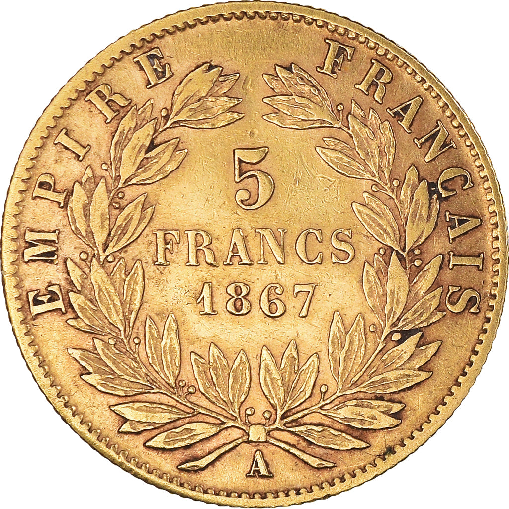 Coin, France, Napoléon III, 5 Francs, 1867, Paris, VF(30-35), Gold, KM:800.1