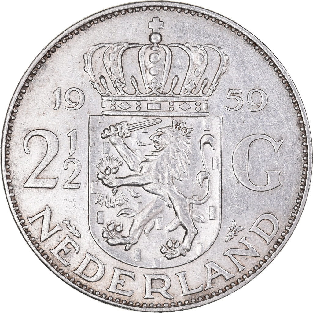Coin, Netherlands, Juliana, 2-1/2 Gulden, 1959, AU(50-53), Silver, KM:185