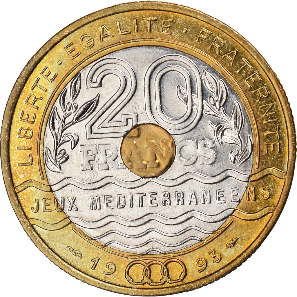 Coin, France, Jeux Méditerranéens, 20 Francs, 1993, AU(55-58), Tri-Metallic
