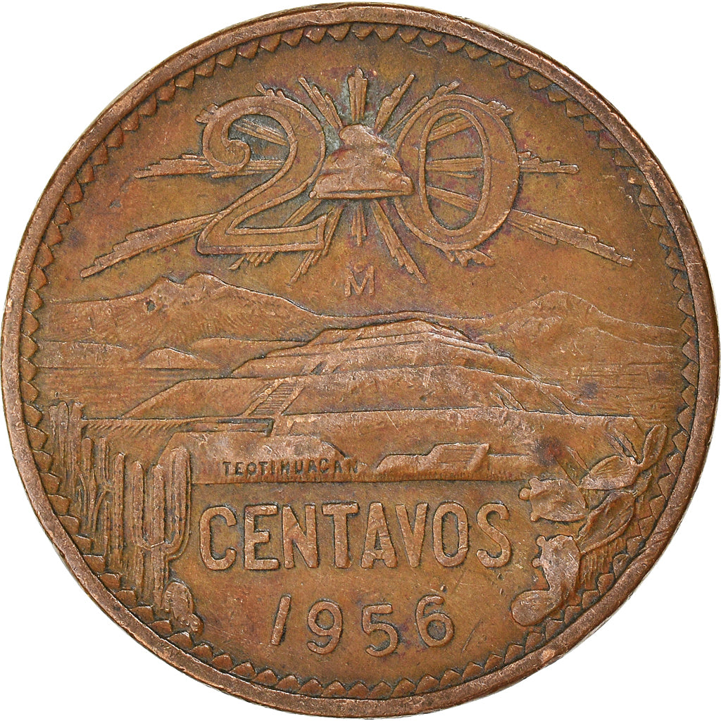 Coin, Mexico, 20 Centavos, 1956, Mexico City, EF(40-45), Bronze, KM:440