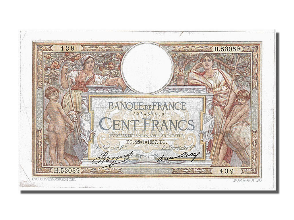France, 100 Francs, 100 F 1908-1939 ''Luc Olivier Merson'', 1937, KM #78c,...