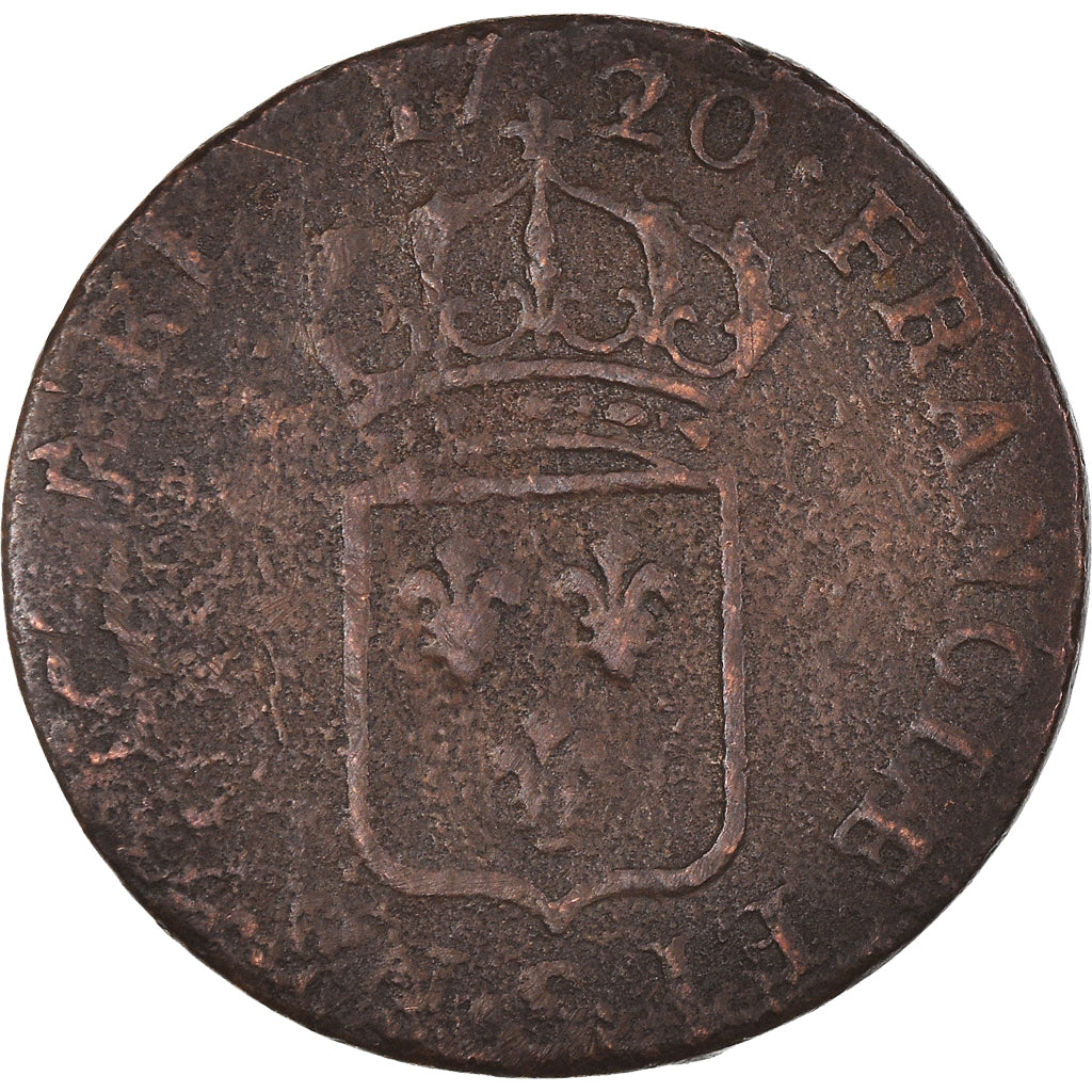 Moneda, Francia, Louis XV, 1/2 Sol, 1720, Reims, BC, Cobre, KM:451.8