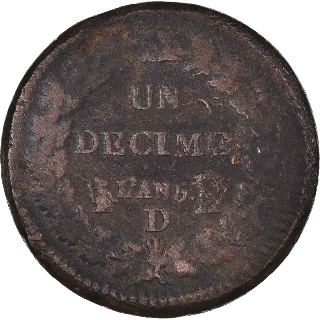 Munten, Frankrijk, Dupré, Decime, 1793 / AN 5, Lyon, FR, Bronzen, KM:645.5