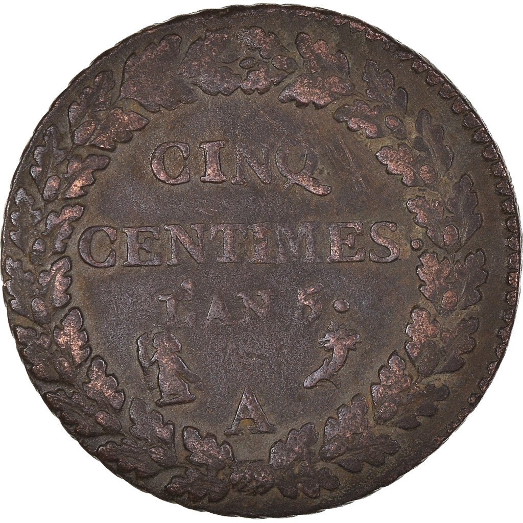 Francia, 5 Centimes, Dupré, 1793 / AN 5, Paris, Bronzo, MB+
