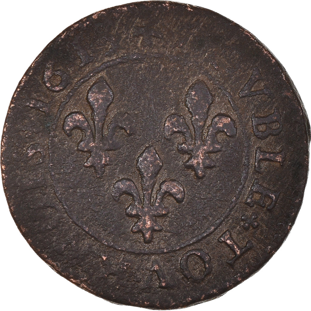 Monnaie, France, Louis XIII, Double Tournois, 1613, Lyon, TB, Cuivre, Gadoury:6