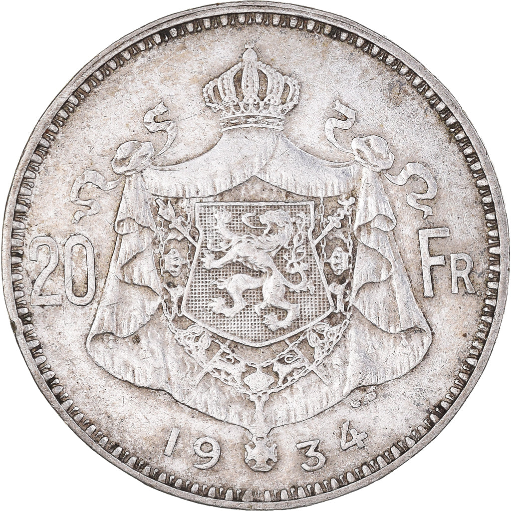 Coin, Belgium, Albert I, 20 Francs, 20 Frank, 1934, EF(40-45), Silver, KM:103.1
