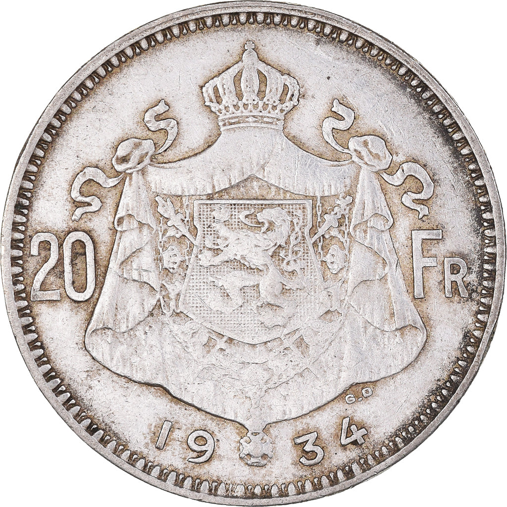 Coin, Belgium, Albert I, 20 Francs, 20 Frank, 1934, EF(40-45), Silver, KM:104.1