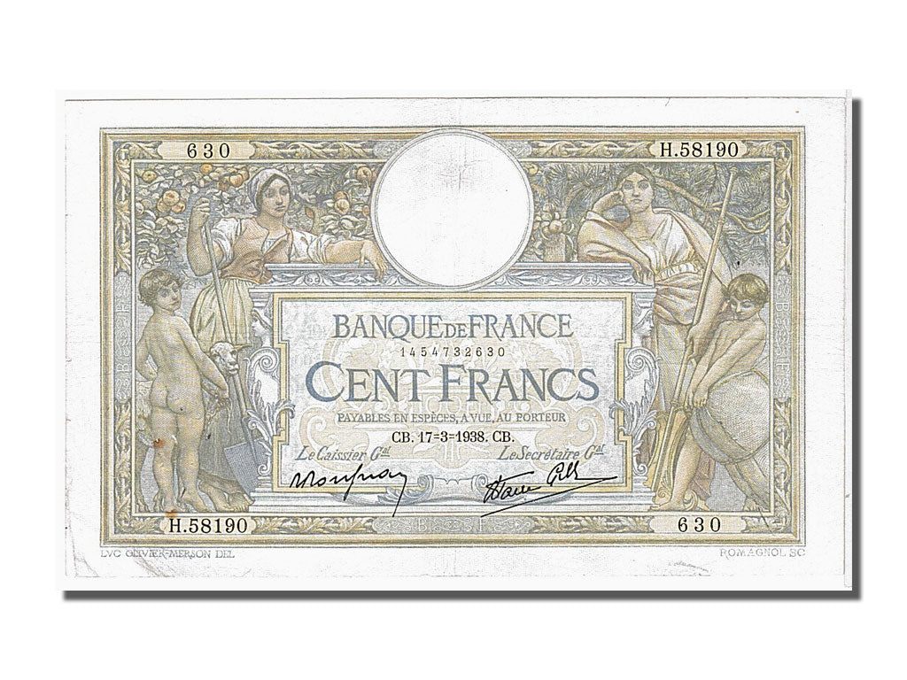Francia, 100 Francs, 100 F 1908-1939 ''Luc Olivier Merson'', 1938, KM:86b, 19...