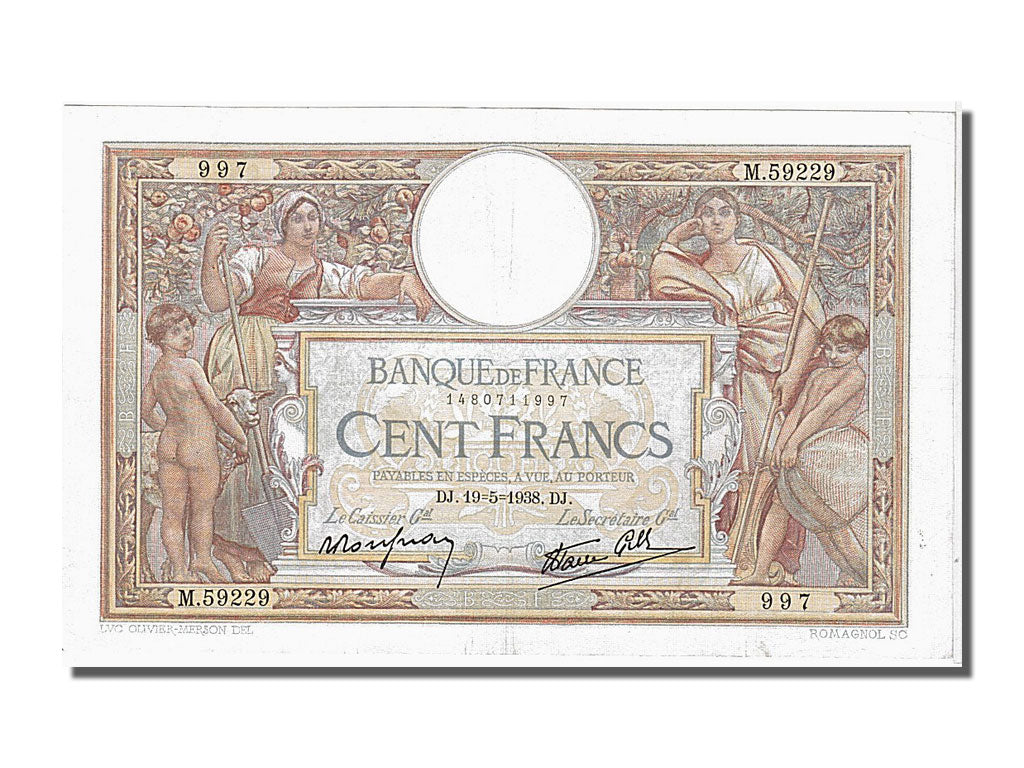 France, 100 Francs, 100 F 1908-1939 ''Luc Olivier Merson'', 1938, KM #86b,...