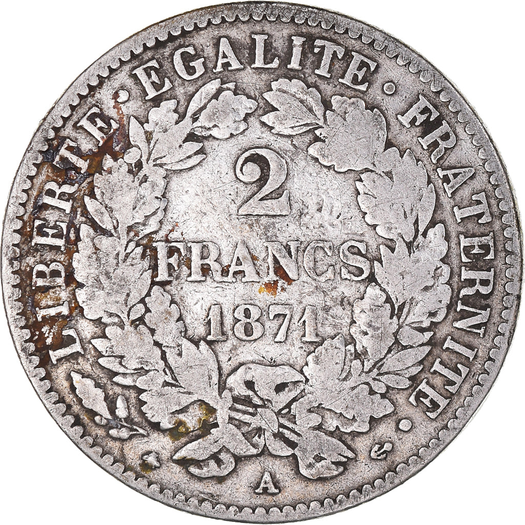 Coin, France, Cérès, 2 Francs, 1871, Paris, VF(30-35), Silver, KM:817.1
