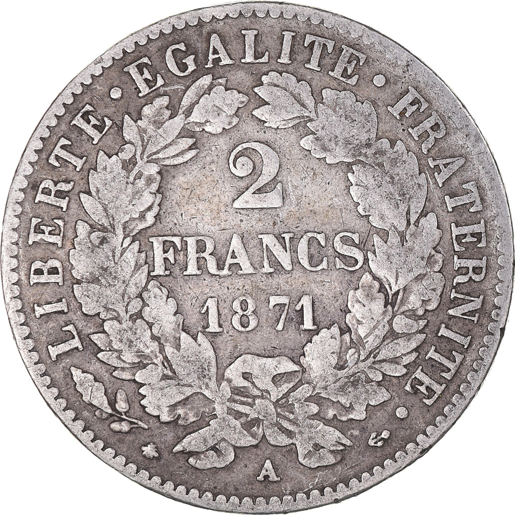Moneta, Francia, Cérès, 2 Francs, 1871, Paris, MB+, Argento, KM:817.1
