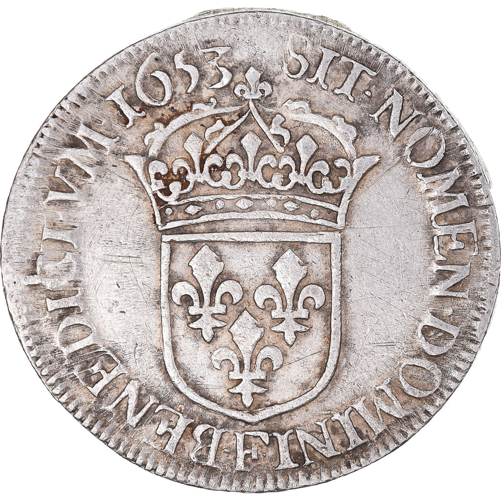 Moneta, Francia, Louis XIV, 1/2 Écu à la mèche longue, 1653, Angers, MB+