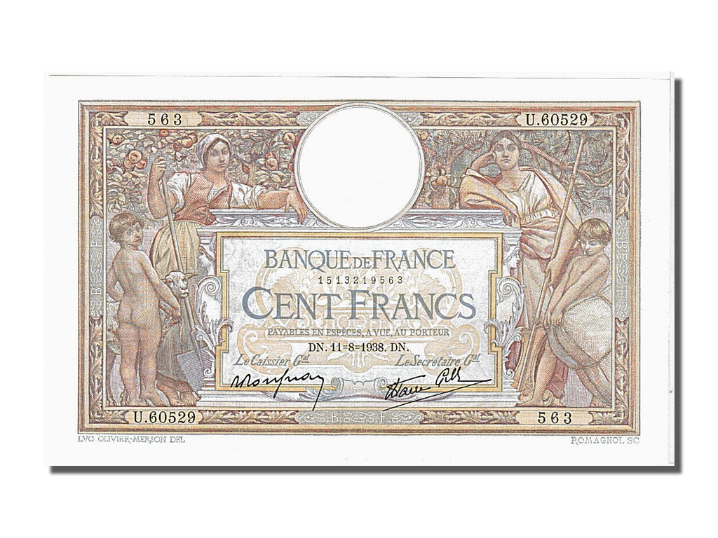 Banknote, France, 100 Francs, 100 F 1908-1939 ''Luc Olivier Merson'', 1938
