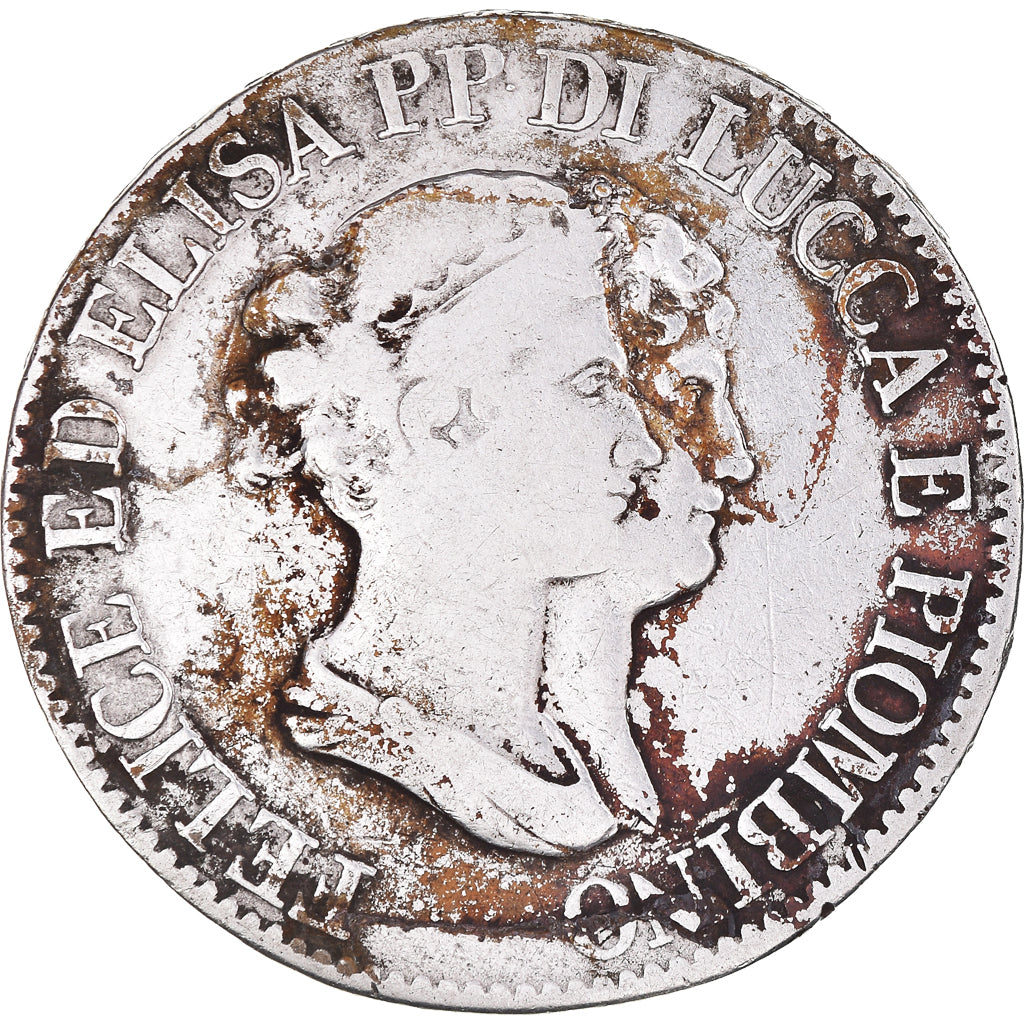 Moneta, DEPARTAMENTY WŁOSKIE, LUCCA, Felix and Elisa, 5 Franchi, 1807, Firenze