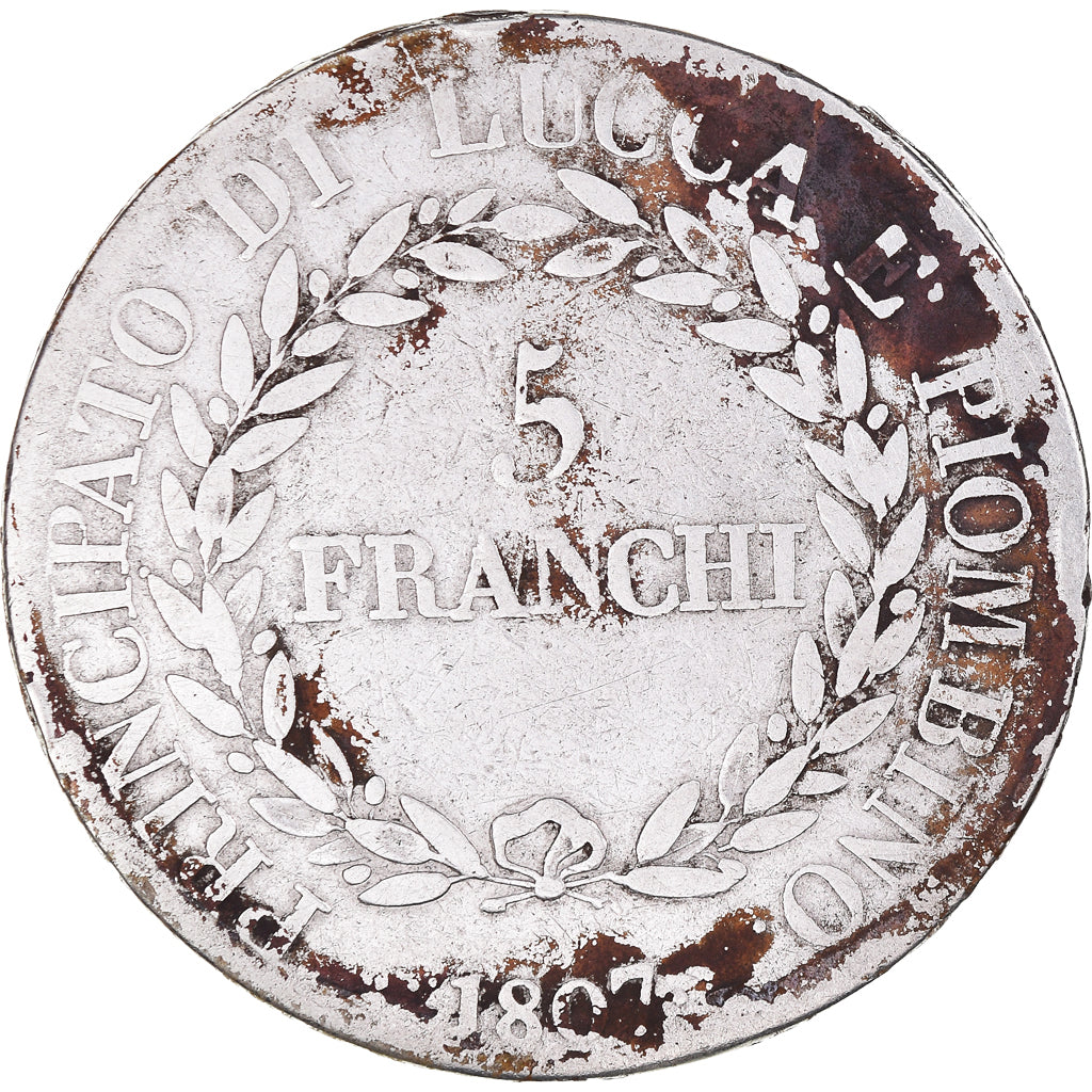 Moneta, DEPARTAMENTY WŁOSKIE, LUCCA, Felix and Elisa, 5 Franchi, 1807, Firenze