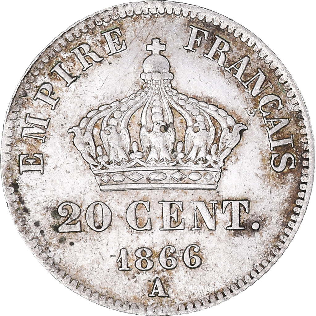 Moneda, Francia, Napoleon III, 20 Centimes, 1866, Paris, MBC, Plata, KM:805.1