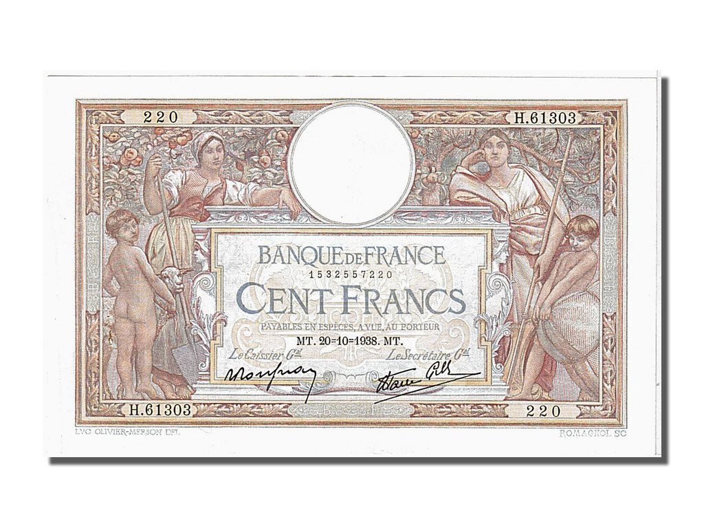 France, 100 Francs, 100 F 1908-1939 ''Luc Olivier Merson'', 1938, KM #86b,...