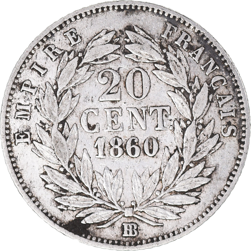 Moneda, Francia, Napoleon III, 20 Centimes, 1860, Strasbourg, BC+, Plata