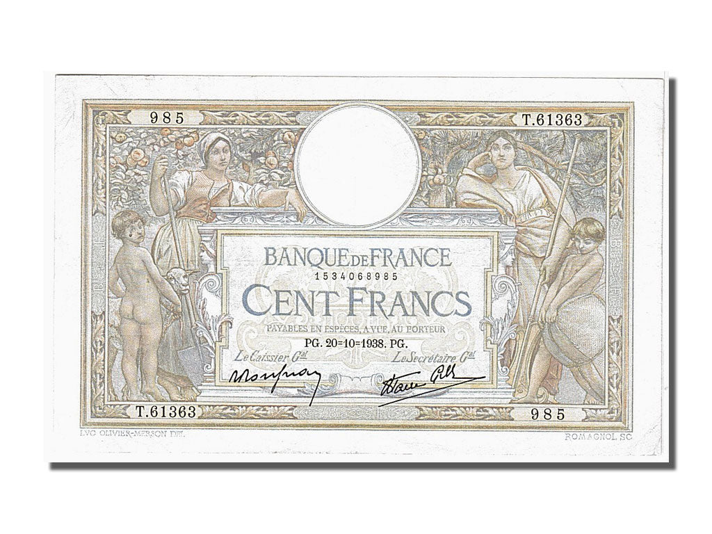 Billete, Francia, 100 Francs, 100 F 1908-1939 ''Luc Olivier Merson'', 1938