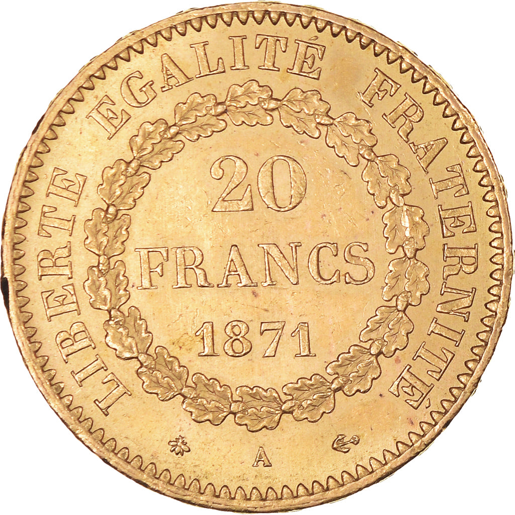 Moeda, França, Génie, 20 Francs, 1871, Paris, AU(50-53), Dourado, KM:825
