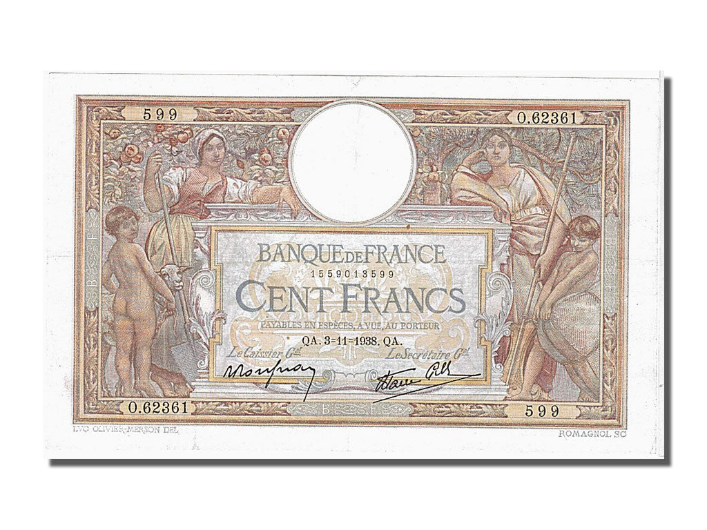 France, 100 Francs, 100 F 1908-1939 ''Luc Olivier Merson'', 1938, KM #86b,...