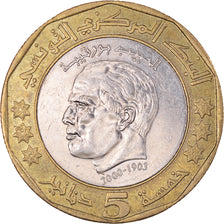 Moeda, Tunísia, 5 Dinars, 1423-2002, AU(50-53), Bimetálico, KM:444