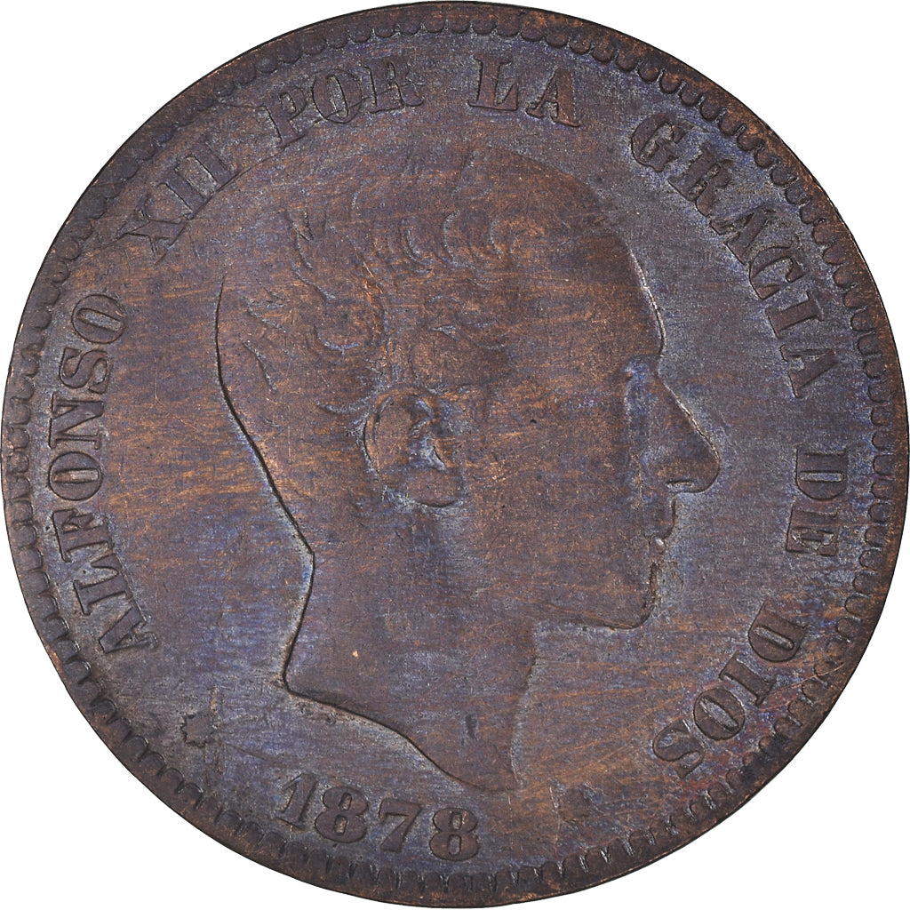 Moeda, Espanha, Alfonso XII, 10 Centimos, 1878, Madrid, VF(30-35), Bronze