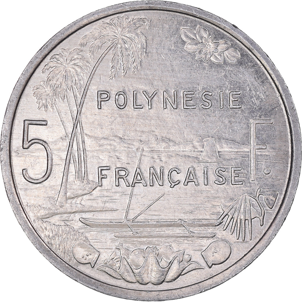 Moeda, Polinésia Francesa, 5 Francs, 1991, Paris, AU(55-58), Alumínio, KM:12