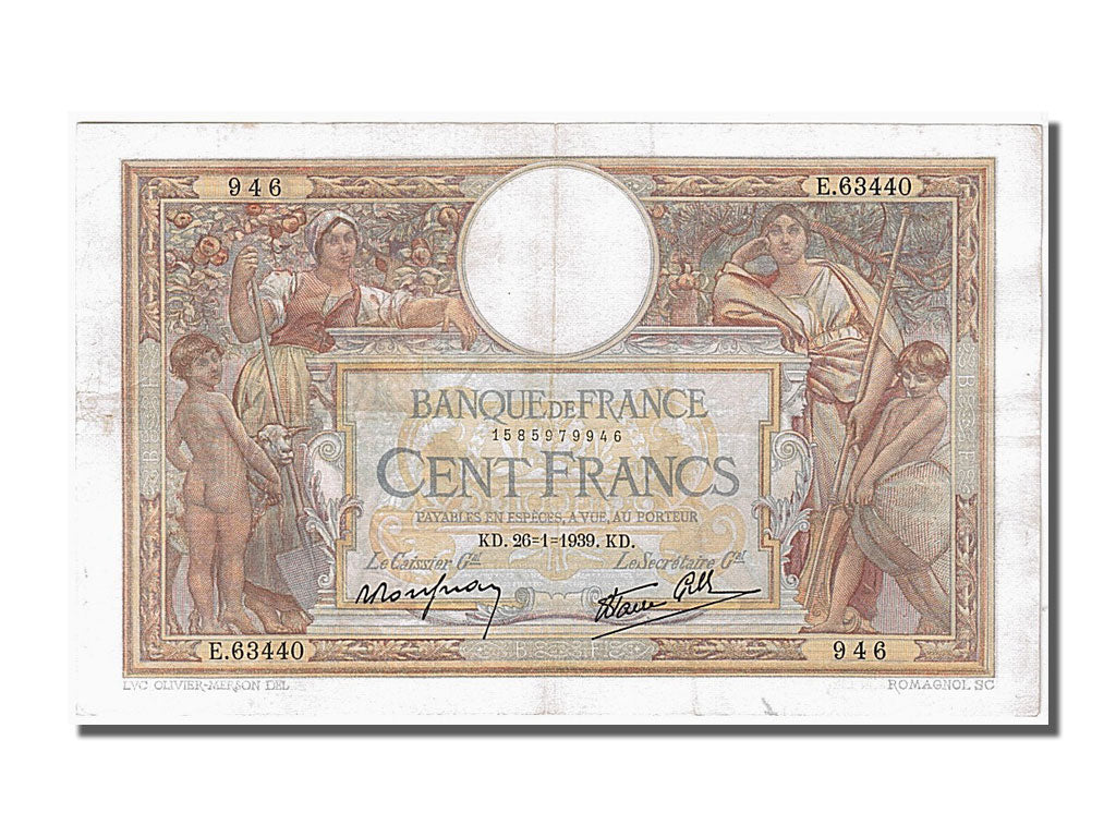 France, 100 Francs, 100 F 1908-1939 ''Luc Olivier Merson'', 1939, KM #86b,...