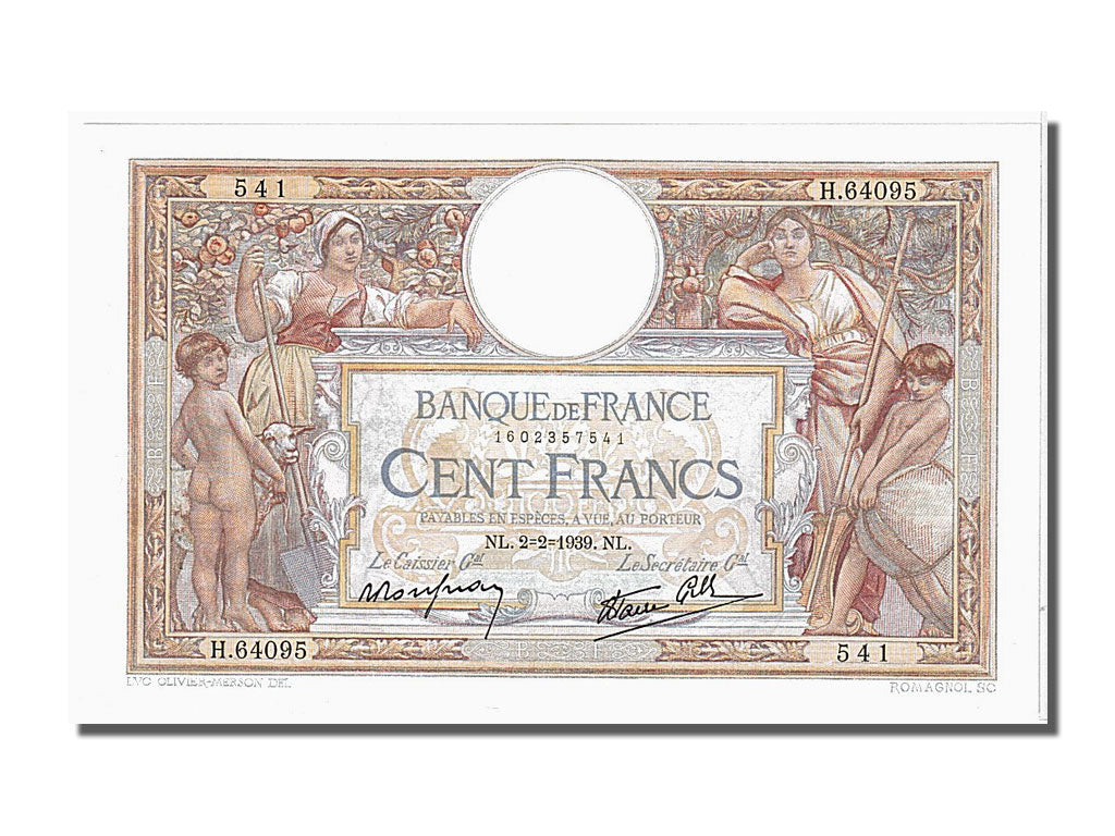 France, 100 Francs, 100 F 1908-1939 ''Luc Olivier Merson'', 1939, KM #86b,...