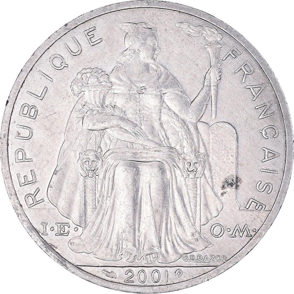 Moeda, Polinésia Francesa, 5 Francs, 2001, Paris, AU(55-58), Alumínio, KM:12