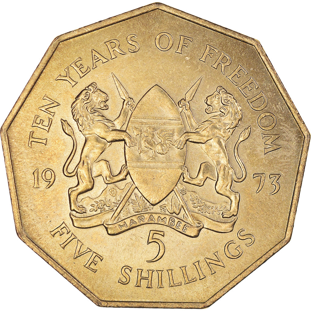 Moeda, Quénia, 5 Shillings, 1973, British Royal Mint, MS(60-62), Latão, KM:16
