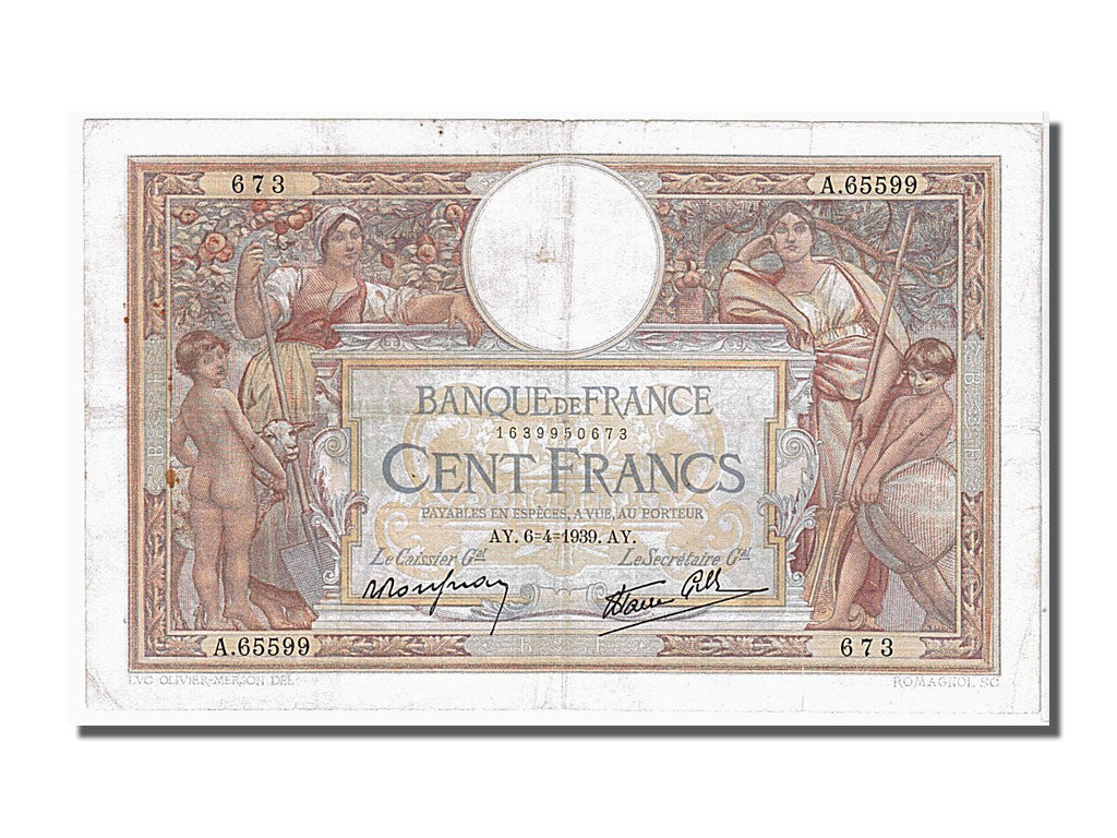France, 100 Francs, 100 F 1908-1939 ''Luc Olivier Merson'', 1939, KM #86b,...