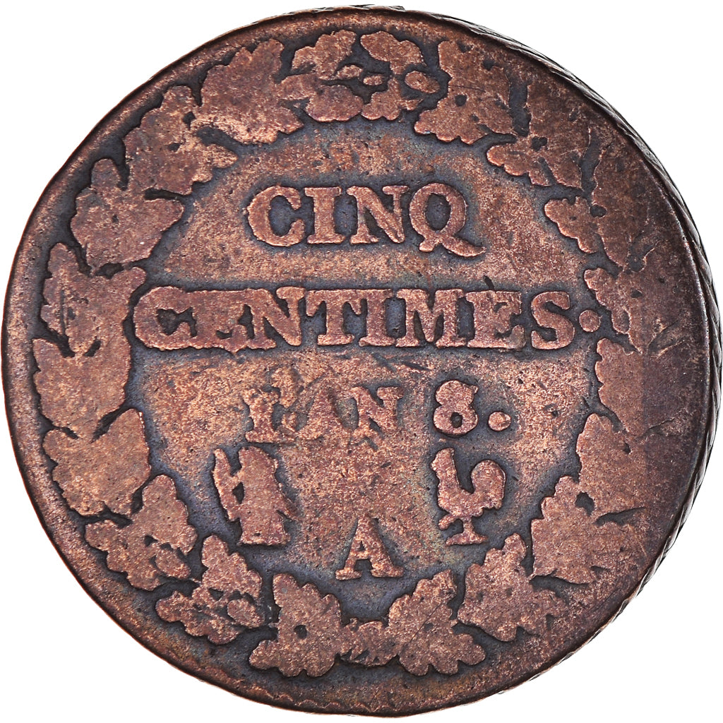 Moneta, Francja, Dupré, 5 Centimes, AN 8, Paris, VF(20-25), Brązowy, KM:640.1