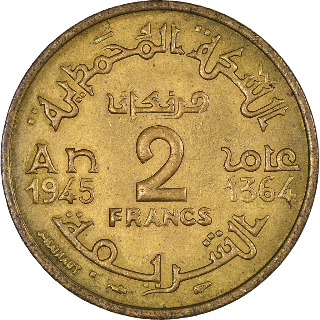 Coin, Morocco, Mohammed V, 2 Francs, AH 1364/1945, Paris, AU(50-53)
