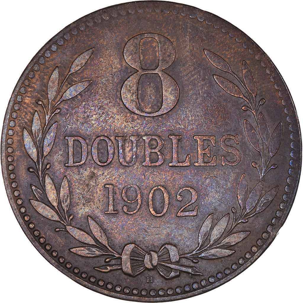 Coin, Guernsey, 8 Doubles, 1902, Heaton, Birmingham, EF(40-45), Bronze, KM:7