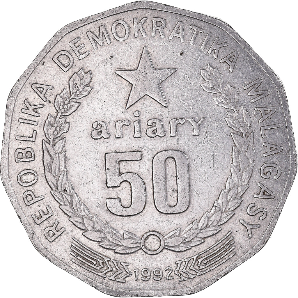 Coin, Madagascar, 50 Ariary, 1992, EF(40-45), Stainless Steel, KM:20