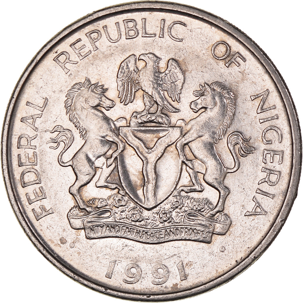 Moneta, Nigeria, Elizabeth II, Naira, 1991, BB+, Acciaio placcato nichel, KM:14