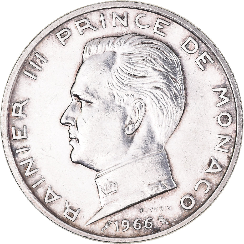 Moeda, Mónaco, Rainier III, 5 Francs, 1966, AU(50-53), Prata, KM:141