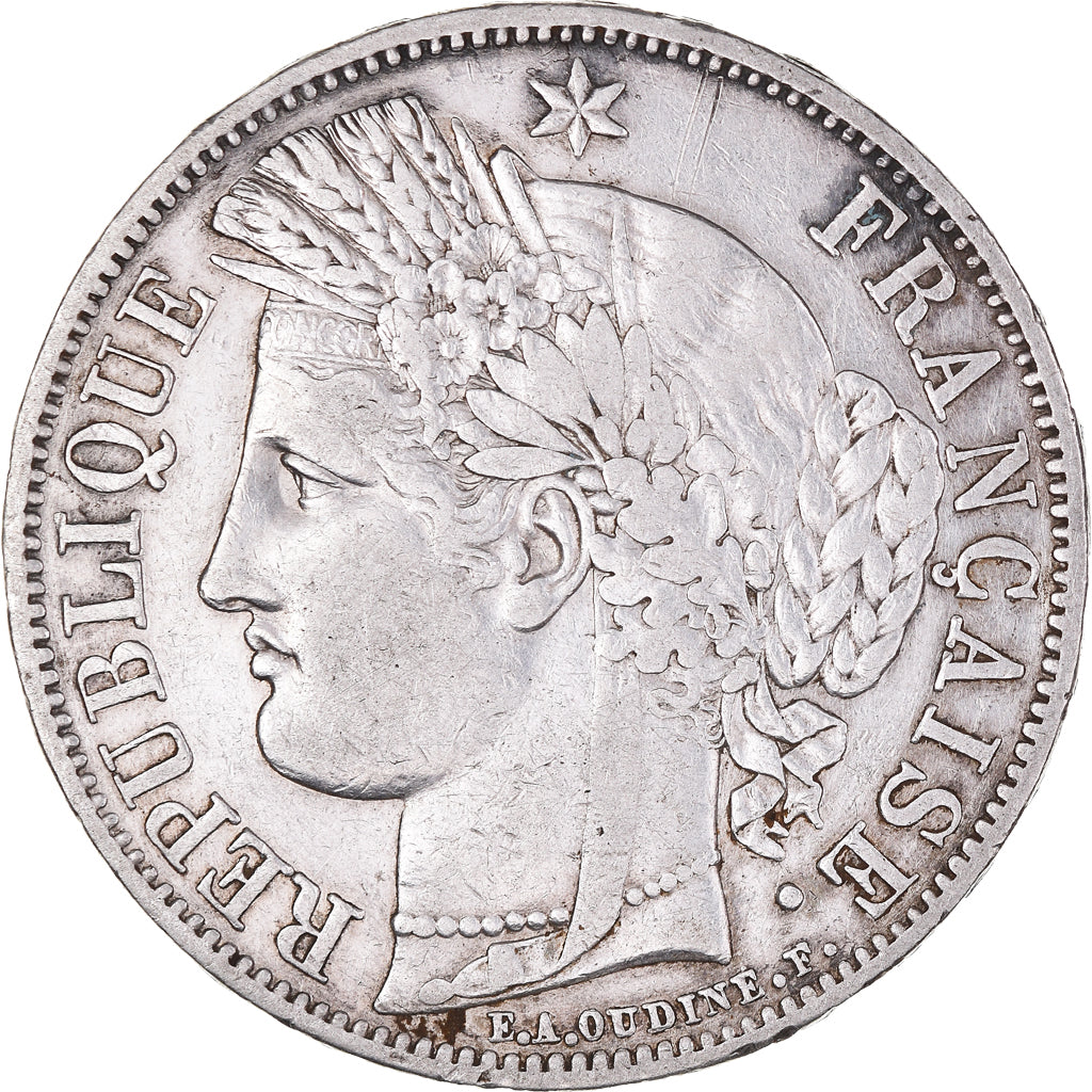 Moeda, França, Cérès, 5 Francs, 1849, Paris, main-chien, EF(40-45), Prata