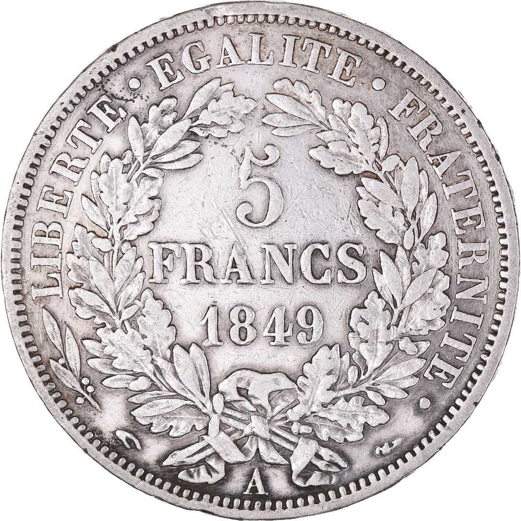 Moeda, França, Cérès, 5 Francs, 1849, Paris, main-chien, EF(40-45), Prata